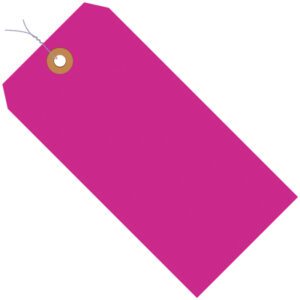 The MH-USA 2 3/4 x 1 3/8 Fluorescent Pink shipping tag, made from durable 13 Pt. material, has an angled top with a string through a reinforced hole. Its pre-wired for convenience and comes in a bundle of 1000 per case.