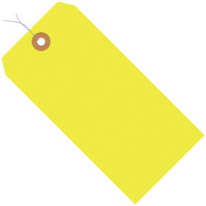 The MH-USA fluorescent yellow shipping tag (3 1/4 x 1 5/8) offers a reinforced brown hole with a secure pre-wired thin metal wire, appearing slightly angled left on a white background. Each case includes 1000 tags ready for use.
