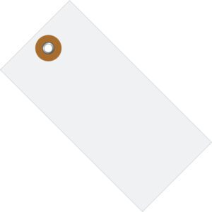 The 3 1/4 x 1 5/8 Tyvek® Shipping Tag features a plain white surface with a brown reinforced hole in the top left for attaching strings or wires, ideal for bulk use. Each case includes 1000 tags, shown here against a pristine white background.