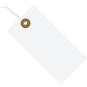 The 3 1/4 x 1 5/8 Tyvek® Shipping Tag from the case of 1000 is white, rectangular, and features a brown reinforcement. Its pre-wired with coiled metal, hinting at its durable design ideal for shipments.