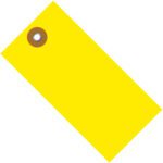 The 3 1/4 x 1 5/8 Yellow Tyvek® Shipping Tag, sold in cases of 100, has a vibrant yellow color and a durable brown reinforced hole at the top left corner.