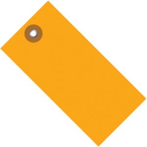 The 5 3/4 x 2 7/8 Orange Tyvek® Shipping Tag, shown at an angle with a brown reinforced hole against a white background, provides a durable and vibrant labeling solution.