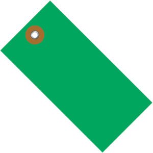 The 6 1/4 x 3 1/8 Green Tyvek® Shipping Tag (100/Case) has a brown and silver reinforced hole at one corner and is elegantly tilted.