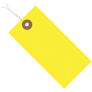The Yellow Tyvek® Shipping Tags, measuring 6 1/4 x 3 1/8, feature rounded corners and a reinforced brown ring hole. Pre-wired for easy attachment, these tags are ideal for securing items and come conveniently packed with 100 per case.