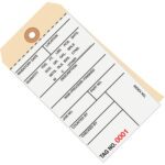The MH-USA 6 1/4 x 3 1/8 inventory tag (product code: 9500-9999) offers fields for date, location, quantities, description, status (raw/process/finished), part/job numbers, checked by details, and a tag number of 0001 for efficient asset tracking. Each case contains two-part carbonless tags weighing eight pounds.