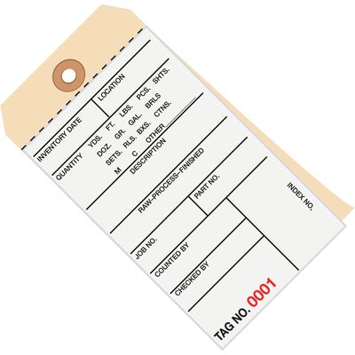 G15201.jpg The MH-USA 6 1/4 x 3 1/8 inventory tag (product code: 9500-9999) offers fields for date, location, quantities, description, status (raw/process/finished), part/job numbers, checked by details, and a tag number of 0001 for efficient asset tracking. Each case contains two-part carbonless tags weighing eight pounds.