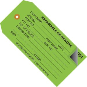 Green MH-USA 4 3/4 x 2 3/8 Repairable or Rework inspection tags feature fields for customer details, job and part numbers, P.O. number, piece count, disposition, inspector name, part name, date, serial number, stamp, and rework reason. Numbered 000-499 in a case of 500.