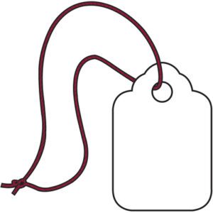 The image shows a blank, scalloped-edge tag with a hole for string and a magenta string knotted through it. Similar to the MH-USA 3/8 x 13/16 White Merchandise Tags - Pre-Strung Magenta String (1000/Case), its simple and unadorned, ideal for labeling or pricing.