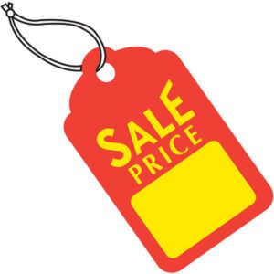 The MH-USA 1 3/4 x 2 7/8 red tags feature SALE PRICE in yellow, a blank area for writing, and a black string at the top. Sold pre-strung for convenience in cases of 1000.