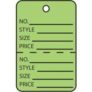 The MH-USA 1 3/4 x 2 7/8 Green Perforated Garment Tags come in a case of 1000, featuring sections for No., Style, Size, and Price. Text is repeated on both halves, separated by a perforated line, with a top hole for easy attachment.
