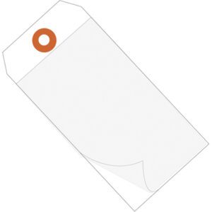 Illustration of a slightly curled MH-USA 4 3/4 x 2 3/8 White Self-Laminating Tag with a brown reinforced hole at the top, giving it a three-dimensional look. Perfect for organization, these tags come in cases of 100.