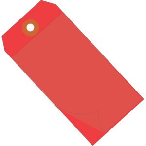 A red rectangular envelope resembling the MH-USA 6 1/4 x 3 1/8 Red Self-Laminating Tags with a secure flap and reinforced circular hole for threading or hanging, features a bottom corner that curls upward for added intrigue.