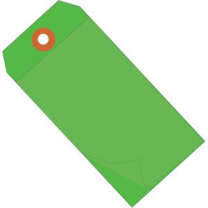 Illustration of a folder resembling the MH-USA 6 1/4 x 3 1/8 Green Self-Laminating Tags (100/Case) with a top flap and circular orange and white closure button, angled slightly to highlight its unique design while appearing flat.