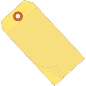 A yellow coin envelope with a brown clasp, resembling MH-USAs 6 1/4 x 3 1/8 Yellow Self-Laminating Tags (100/Case), is illustrated at a slight angle with its flap partially open to show the inner paper layer.