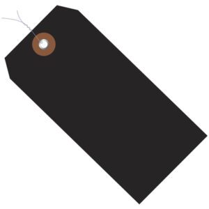A blank black price tag, similar to the MH-USA 4 3/4 x 2 3/8 Black Plastic Shipping Tags, features a brown reinforcement ring around the hole and is angled slightly to the right on a white background.
