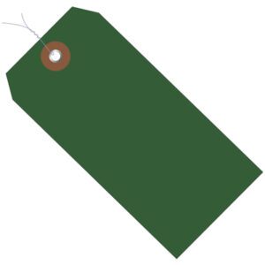 The MH-USA 6 1/4 x 3 1/8 Green Plastic Shipping Tags - Pre-Wired are rectangular, green, and have a reinforced brown-ringed hole in the corner with a silver string for easy hanging or attachment.