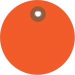 The MH-USA 3 Orange Plastic Circle Tags (100/Case) have a round design with a small brown and white hole at the top for easy attachment.
