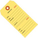 The MH-USA 4 3/4 x 2 3/8 yellow repair tags, consecutively numbered in red starting from 0000, feature fields for date, item, problem, and contact. They have a reinforced hole with a red circle and a perforated line for easy tearing; sold in cases of 1000.