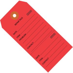 The MH-USA 6 1/4 x 3 1/8 Red Repair Tags are consecutively numbered for tracking and feature fields for Date, Item, Problem, and Contact. They have a gold ring-reinforced hole at the top and come in a case of 1000, starting with tag number 0000.