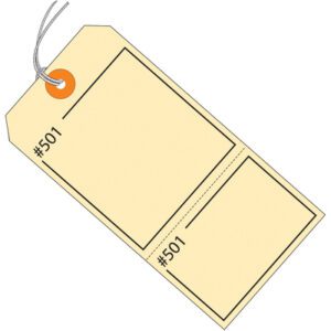 The MH-USA 4 3/4 x 2 3/8 Manila Claim Tags, consecutively numbered and pre-strung, are beige with two perforated sections featuring orange-reinforced holes labeled #501.