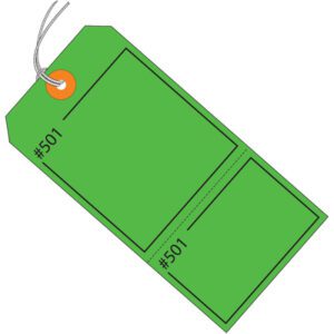 The MH-USA Green Claim Tag, measuring 4 3/4 x 2 3/8, is consecutively numbered and pre-strung. Featuring a paper tag labeled #501 with an orange-ring reinforced hole, it comes in cases of 1000 for all your labeling needs.