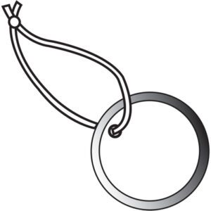 A metallic ring with a smooth surface is attached to a looped string, tied for hanging, resembling the MH-USA 1 1/2 Metal Rim Tags - Pre-strung (100/Case). The ring features a gradient, suggesting it has a shiny texture.