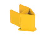 The yellow Vestil Rack Upright Guard features a V-shaped design with smooth surfaces and a small welded joint, set against a white background to highlight its industrial look.