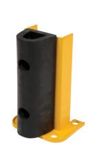 This sturdy black and yellow bollard post, similar to the Vestil Structural Rack Guard W/Bumper 12 Height, has a rectangular black rubber top, a yellow metal base with two bolt holes for secure mounting, and three precision-crafted side holes for versatility.