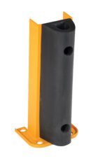 The Vestil Structural Rack Guard W/Bumper 18 Height features a sturdy yellow and black design with an 18-inch height. It includes an industrial bumper guard with two circular holes, mounted on a rectangular yellow base with corner holes for easy installation.