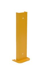 The Vestil Structural Rack Guard 6 In C Channel 24H is a yellow vertical metal bracket with a rectangle shape, three evenly spaced holes, and a wider bottom for stability. It has a smooth surface and offers a simple yet highly functional design.