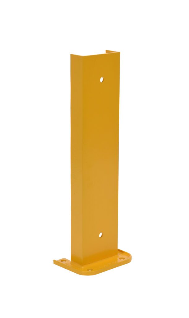 The Vestil Structural Rack Guard 6 In C Channel 24H is a yellow vertical metal bracket with a rectangle shape, three evenly spaced holes, and a wider bottom for stability. It has a smooth surface and offers a simple yet highly functional design.
