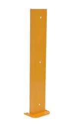 A yellow metal post, similar to the Vestil Structural Rack Guard 6 In C Channel 36H, stands vertically against a white background. It has small circular holes on its flat surface and a wide rectangular base for stability.