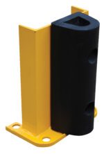 The Vestil Structural Rack Guard W/Bumper 12 Height is a yellow metal bracket with a black, rubber-like buffer. Displayed on a white background, it stands 12 inches tall and has two holes at its base for secure mounting.