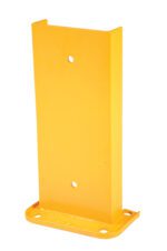 The Vestil Structural Rack Guard 8 In C Channel 18H is a durable yellow metal bracket with a rectangular shape, featuring four holes—two centered vertically and two at the base—for easy mounting or support. Its flat base and vertical design enhance stability.