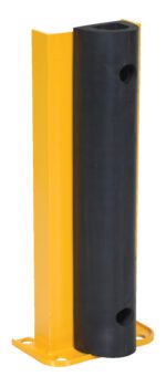 The Vestil Structural Rack Guard W/Bumper, standing 24 inches tall, is a yellow and black industrial bollard with a rectangular base and protective rubber padding. Ideal for warehouses or industrial settings, it includes mounting holes for easy installation.