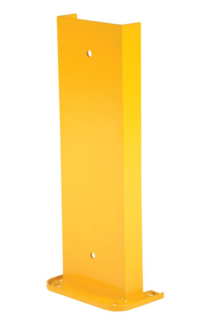 G8-24_A.jpg A yellow metal bracket similar to the Vestil Structural Rack Guard 8 In C Channel 24H features a rectangular base with two pre-drilled holes and stands upright against a white background, highlighting its robust design.