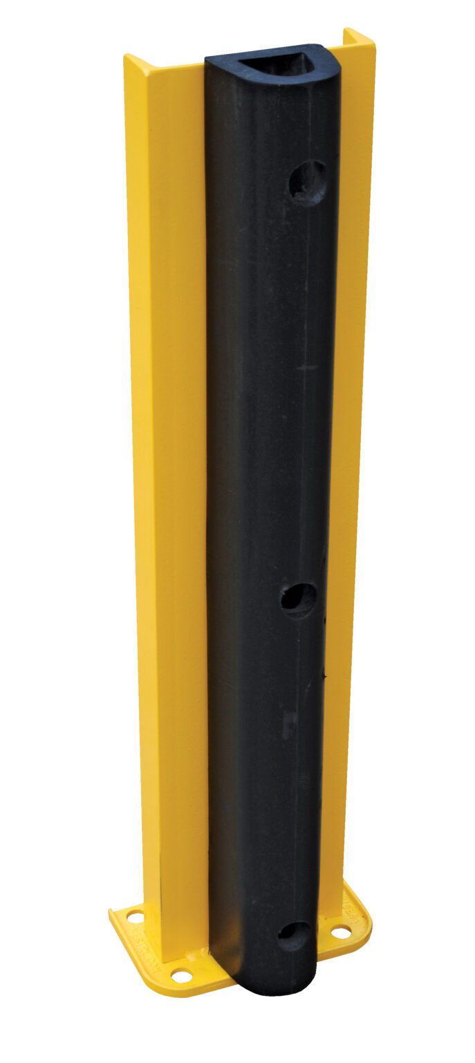 G8-36-B_A.jpg The Vestil Structural Rack Guard W/Bumper 36 Height is yellow and black, 36 inches tall, made of metal and hard plastic for safety and impact protection. It features mounting holes at the base for easy installation.