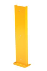 The Vestil Structural Rack Guard 8 In C Channel 36H has a tall, rectangular design with an 8-inch C-channel, standing at 36 inches high. It features a yellow surface with a flat base and three evenly spaced holes, indicating its sturdy metal construction for optimal warehouse safety.