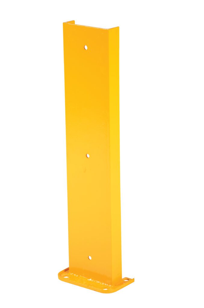 The Vestil Structural Rack Guard 8 In C Channel 36H has a tall, rectangular design with an 8-inch C-channel, standing at 36 inches high. It features a yellow surface with a flat base and three evenly spaced holes, indicating its sturdy metal construction for optimal warehouse safety.