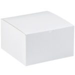 The MH-USA 10 x 10 x 6 White Gift Boxes, sold in a case of 50, feature a sleek cardboard design with a hinged lid. Perfect for any occasion, these elegant boxes complement the white background with their simplicity.