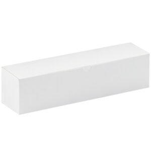 The MH-USA 12 x 3 x 3 White Gift Box, with a closed lid, is featured diagonally against a plain white background, highlighting its smooth surfaces. Its part of a set of 100 per case.