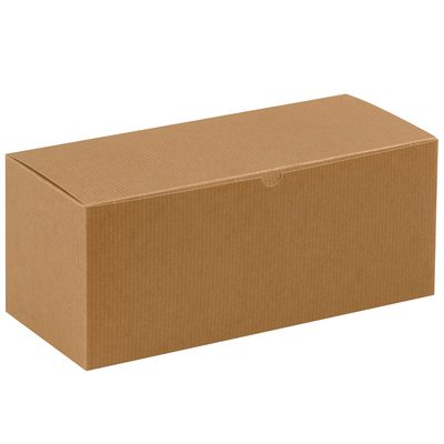 GB1466K.jpg A plain rectangular cardboard box, 14 x 6 x 6, rests against a white backdrop. This Kraft gift box, from the 14 x 6 x 6 Kraft Gift Boxes (50/Case), has a closed lid and a textured surface typical of corrugated packaging.
