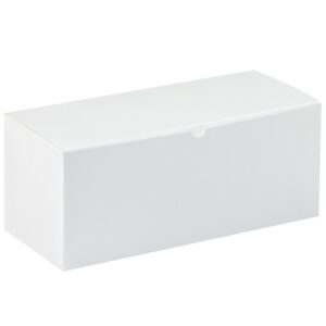 A plain white rectangular cardboard box from the MH-USA 15 x 7 x 7 White Gift Boxes (50/Case) is shown with its lid closed against a white background.