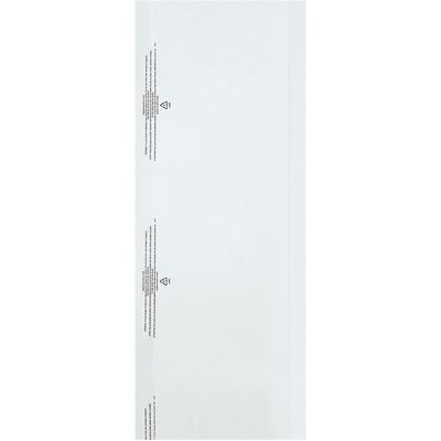 GB21454.jpg The MH-USA 21 x 4 x 54 - 0.6 Mil Garment Bags (360/Roll) are clear, empty plastic bags with recycling symbols and warnings printed in black ink along the side, perfect for garments, and their transparency is prominently displayed against the white background.