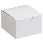 A closed MH-USA 3 x 3 x 2 white gift box from the 100/Case set is on a white background. It features a curved lid and an easy-open front semi-circular cutout.
