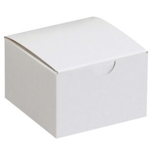 A closed MH-USA 3 x 3 x 2 white gift box from the 100/Case set is on a white background. It features a curved lid and an easy-open front semi-circular cutout.
