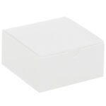 The MH-USA 4 x 4 x 2 White Gift Boxes feature a square cardboard design with a practical lid, perfect for packaging or storage. Sold in cases of 100, these clean and unadorned boxes are ideal for general use.