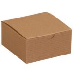 The 4 x 4 x 2 Kraft Gift Box is a closed rectangular brown cardboard box with a front semicircular cutout, available as part of our (100/Case) set, displayed on a white background.