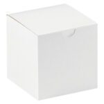 The MH-USA 4 x 4 x 4 white gift box is cube-shaped with a front flap, perfect for packaging or storage. It appears on a sleek white background and comes in cases of 100.