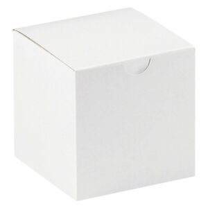 The MH-USA 4 x 4 x 4 white gift box is cube-shaped with a front flap, perfect for packaging or storage. It appears on a sleek white background and comes in cases of 100.